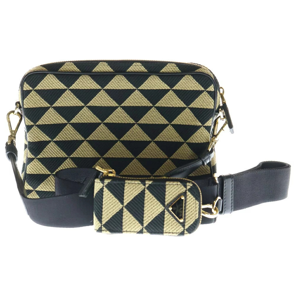 Prada Shoulder Brown Embroidery Symbol Black Messenger Canvas Leather Bag